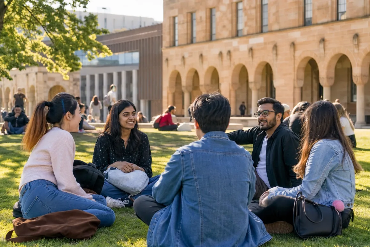 Students relaxing on the lawn of an Australian university campus
