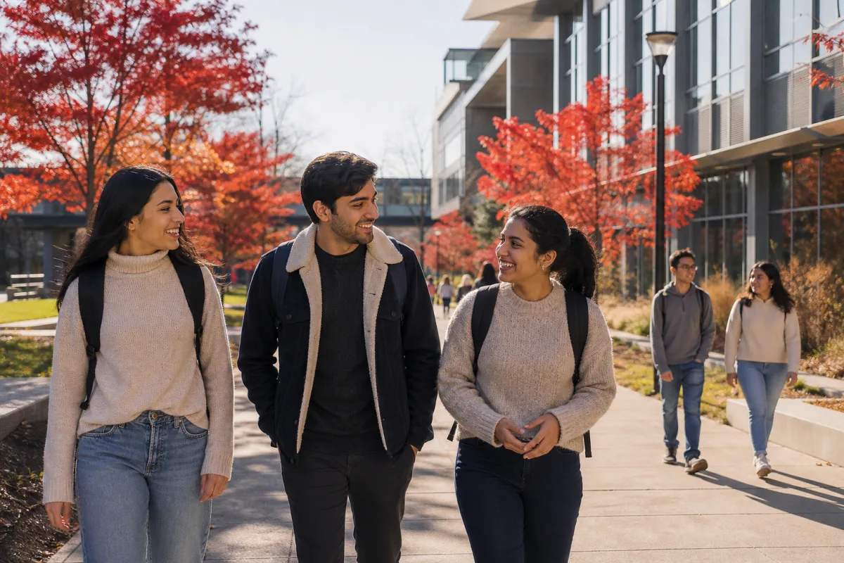 International students on a Canadian university campus in autumn