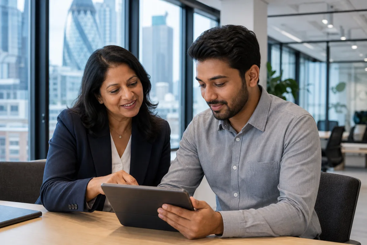 HR manager and new employee reviewing sponsorship details together