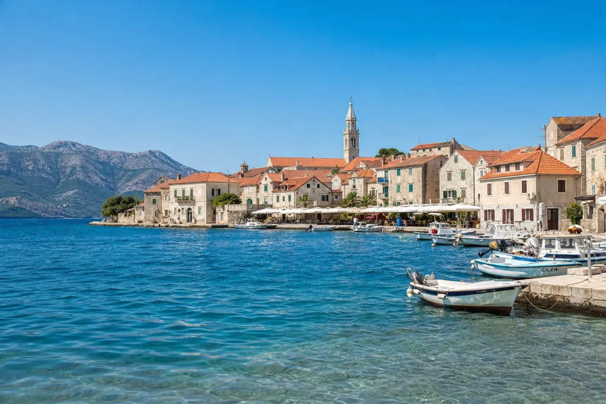 Croatian coastal town with stone buildings and harbour