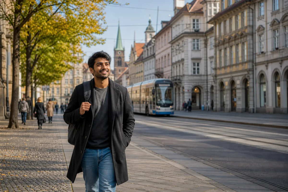 Young professional with a backpack in a German city street