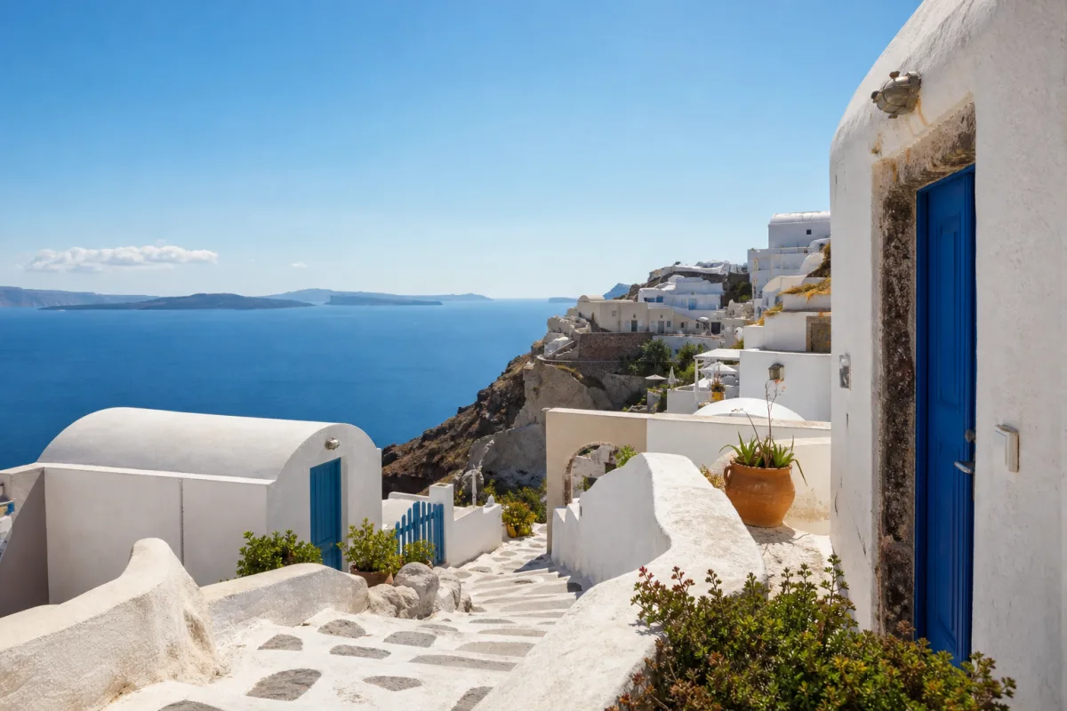 Whitewashed Greek island houses overlooking the blue sea
