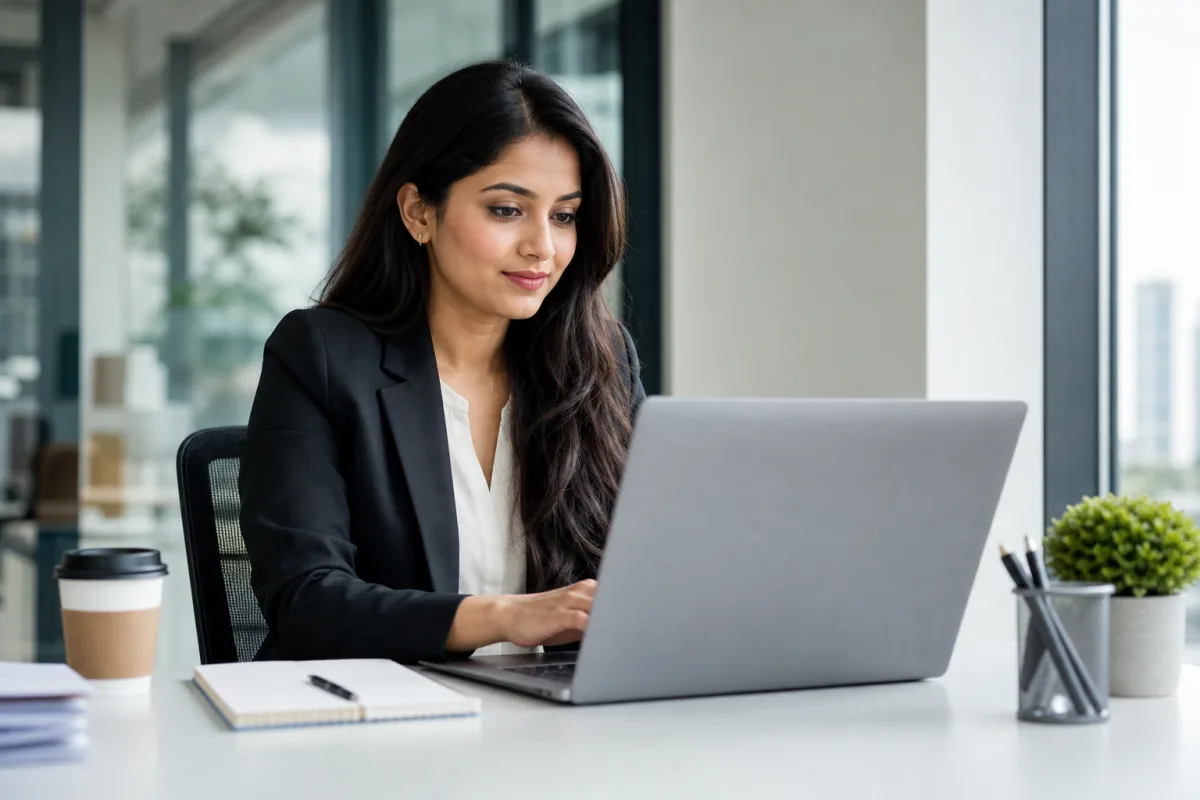 Professional completing an online UK work visa application on a laptop