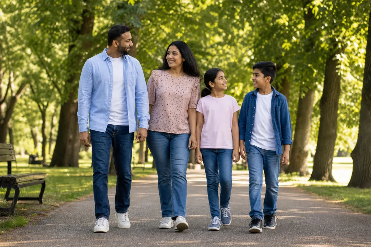 Family walking together in a London park on a sunny day