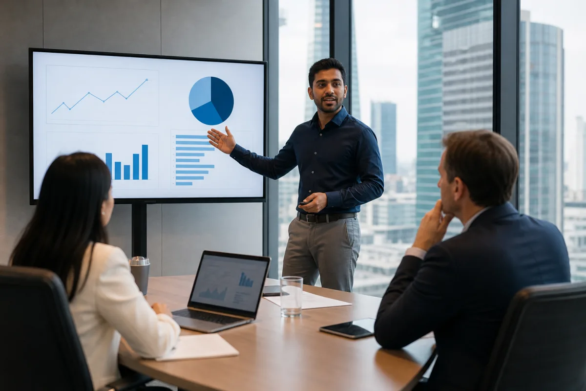 Start-up founder presenting a business plan to reviewers