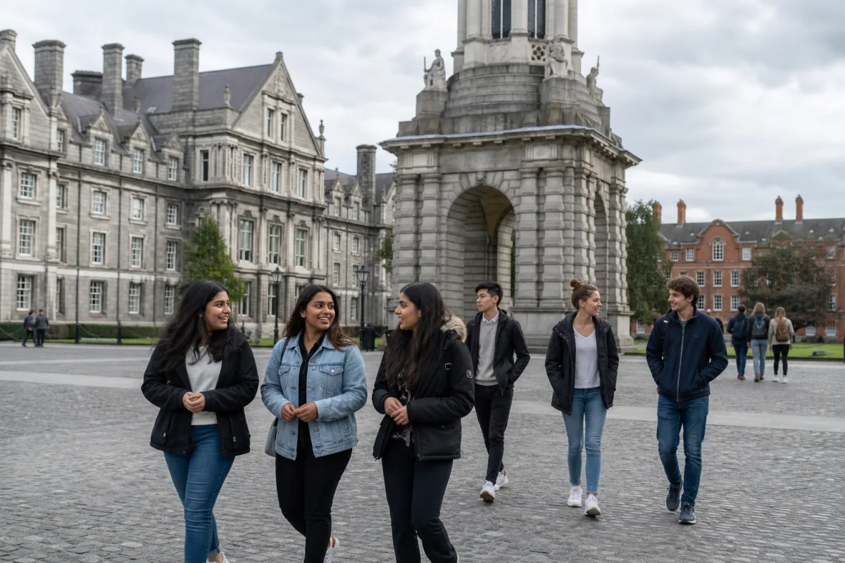 Students walking through a historic Irish university courtyard