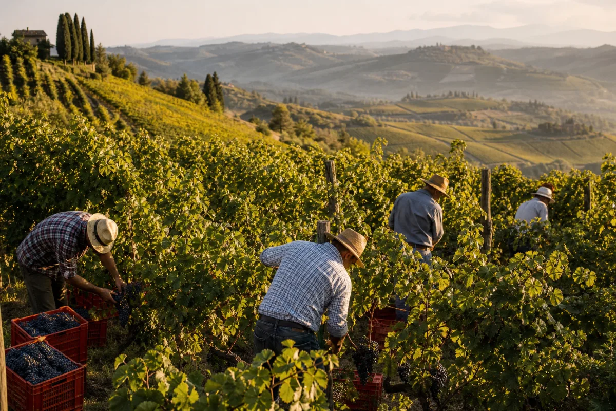 Workers in an Italian vineyard during the harvest season