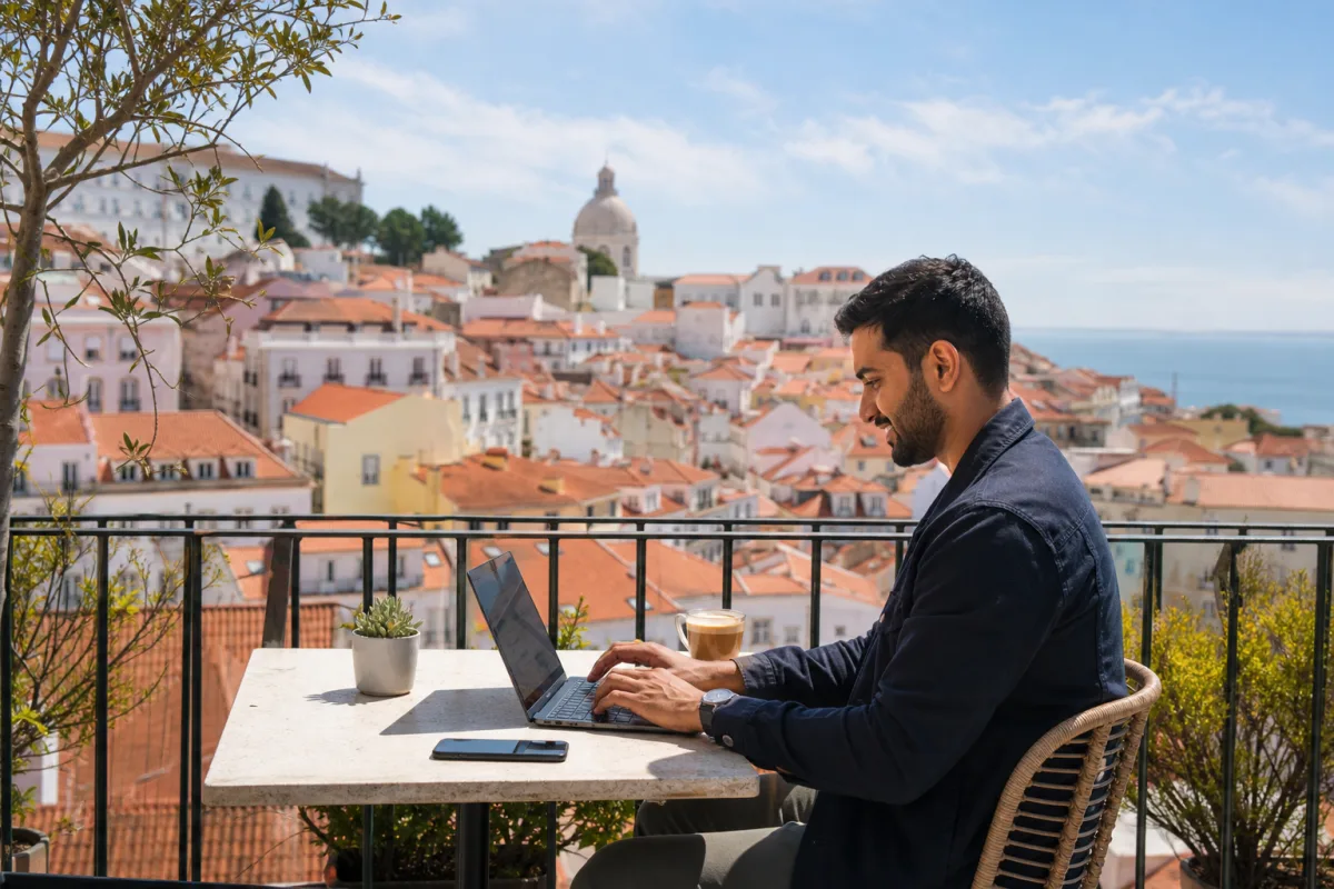 Remote worker using a laptop on a sunny terrace in Lisbon