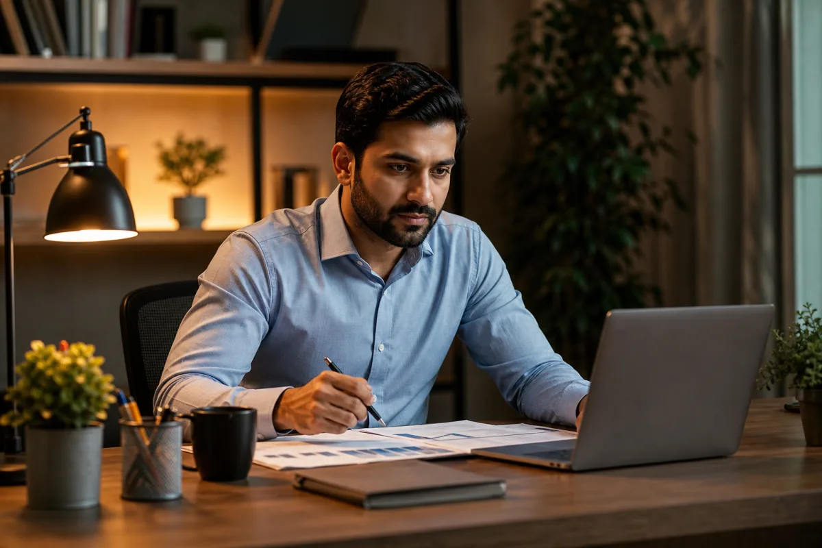 Entrepreneur setting up a UK company online from home office
