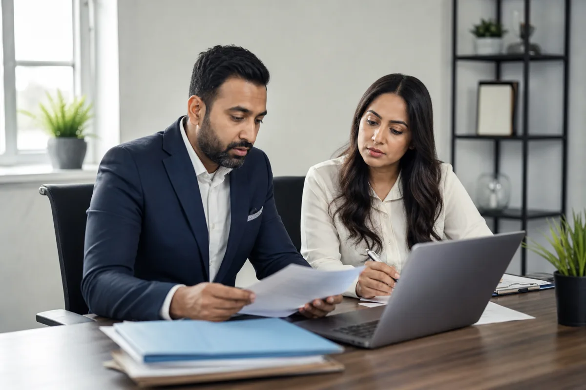 Business owner and HR adviser reviewing compliance files