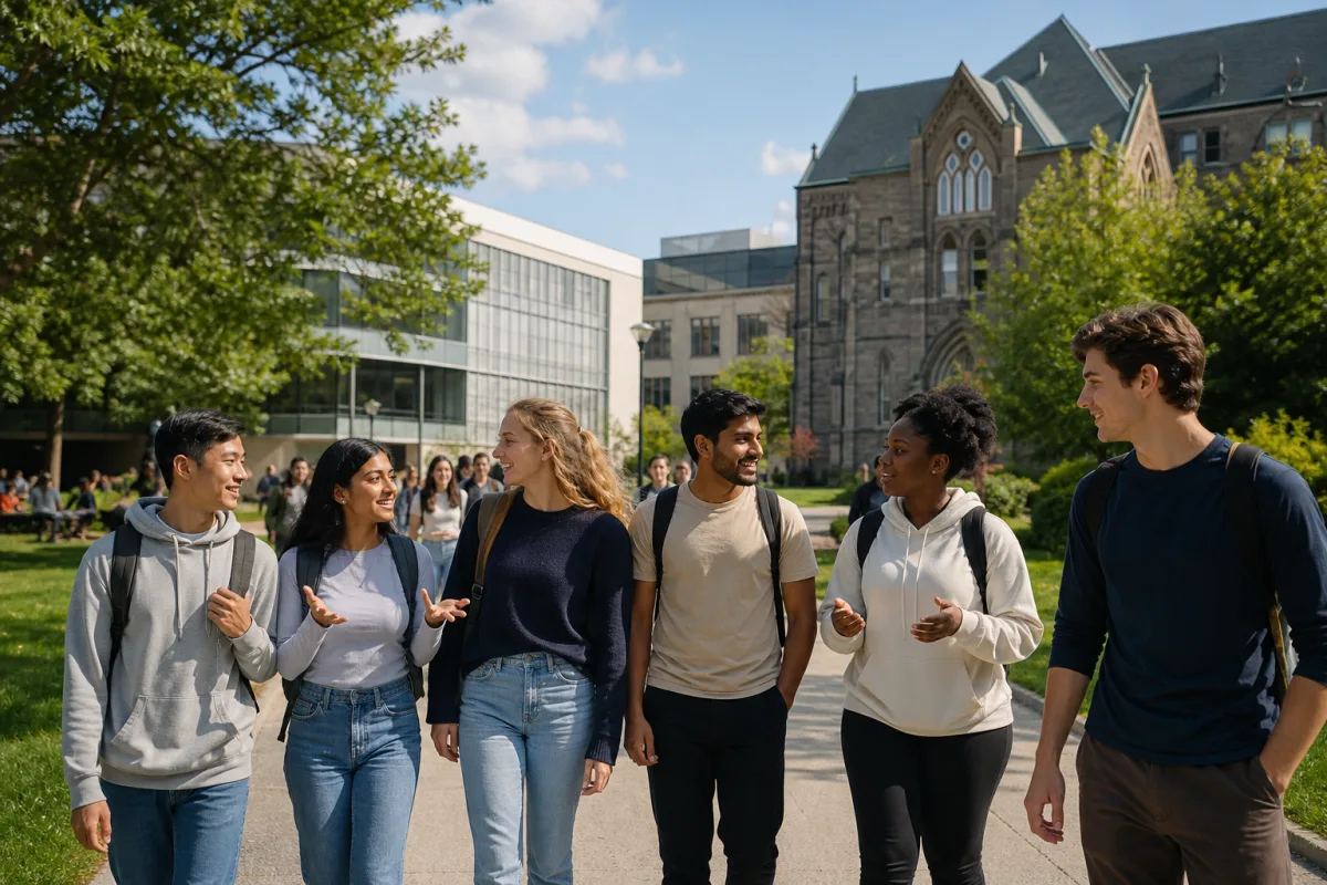 Group of international students walking on a university campus