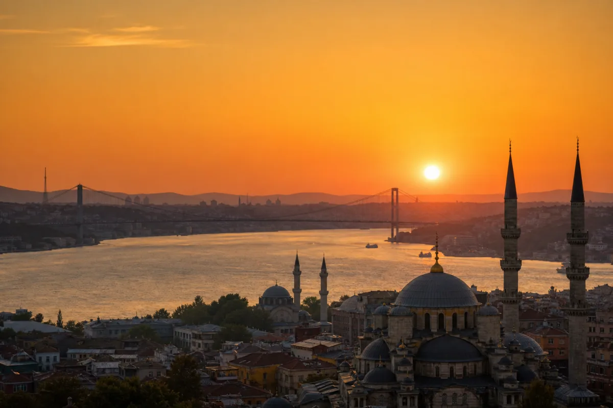Istanbul skyline at sunset with the Bosphorus