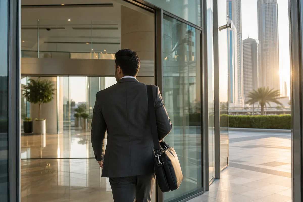 Professional arriving at a modern office building in Dubai
