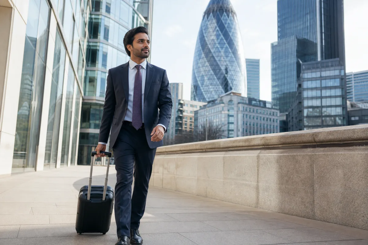 Business executive arriving in London to open a new branch