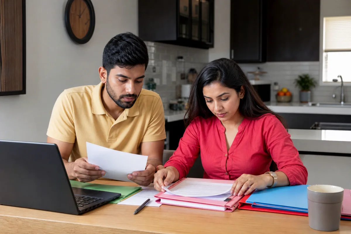 Couple organising documents into folders at a table
