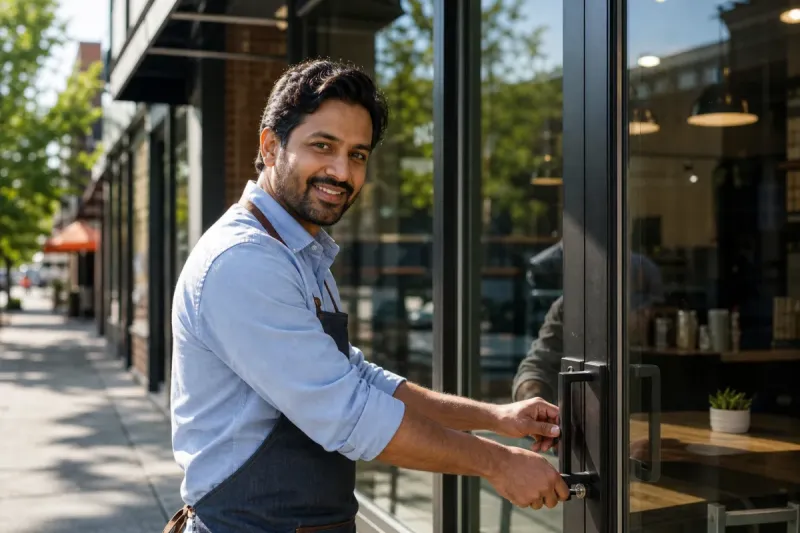 Business owner opening a small cafe in a US city