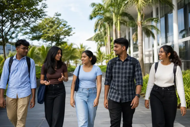 Students on a modern Malaysian university campus with greenery
