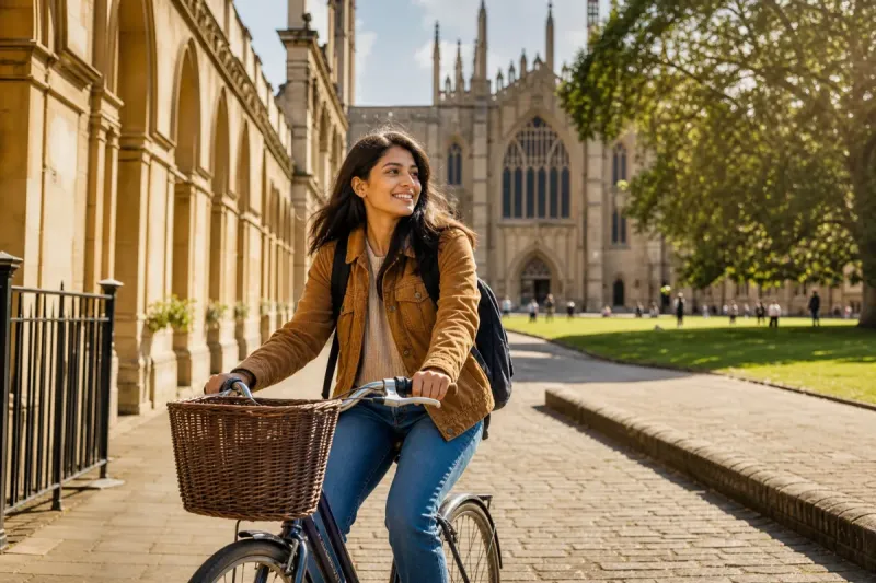 Student cycling past historic buildings in a European city