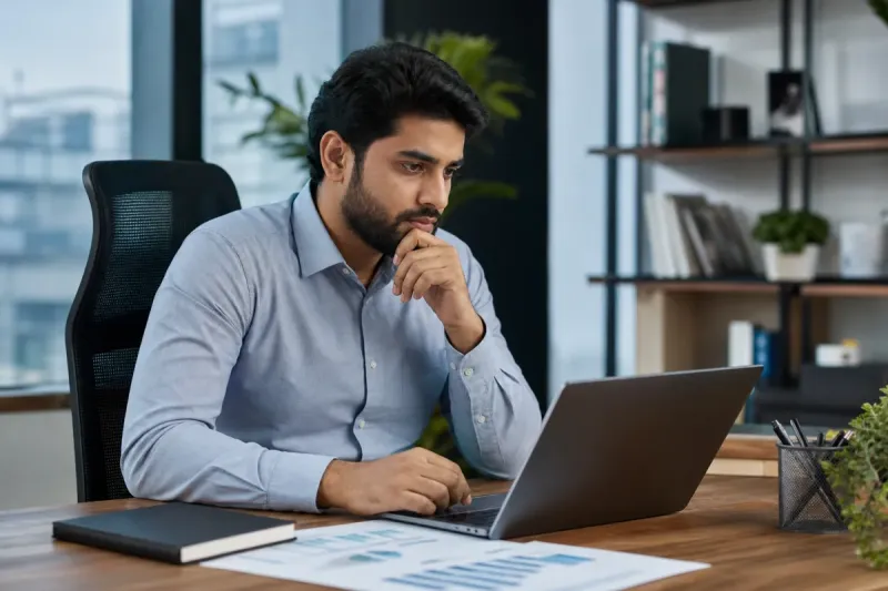 Professional reviewing salary details on a laptop at work
