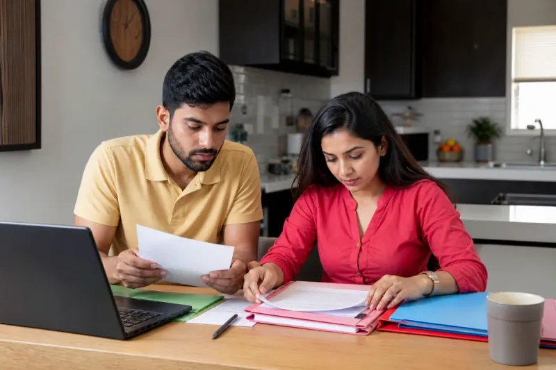 Couple organising documents into folders at a table